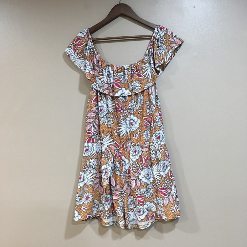 Floral Ruffle Off Shoulder Romper Mini Dress Women 1X Orange Boho Festival Beach